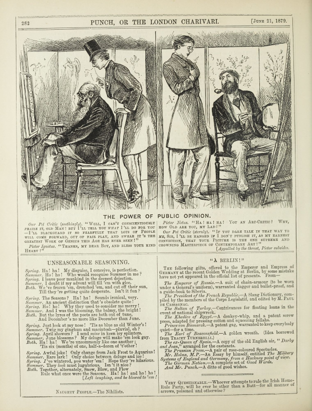 Ein altes Buch mit einer Zeichnung eines Mannes in einem Anzug, der in einem Stuhl sitzt und eine Frau neben ihm steht, beide mit ernsten Gesichtern, betitelt mit "Die Macht der öffentlichen Meinung".